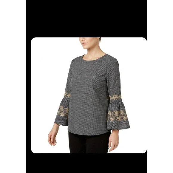 Nanette lepore Black White Gingham Bell Sleeve Blouse Embroidered sz XL Casual - Picture 1 of 7